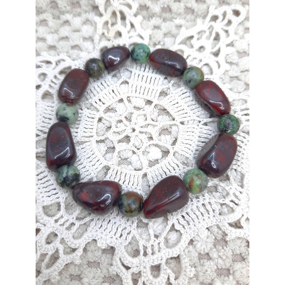 Artisan Dragon Stone Nugget Bracelet Beaded Stone Burgundy Green Jasper Unisex